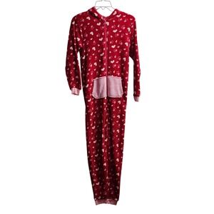 Chili Peppers Girls Red Heart Paw Print Hooded Fleece Pajama Jumpsuit‎ Size 12